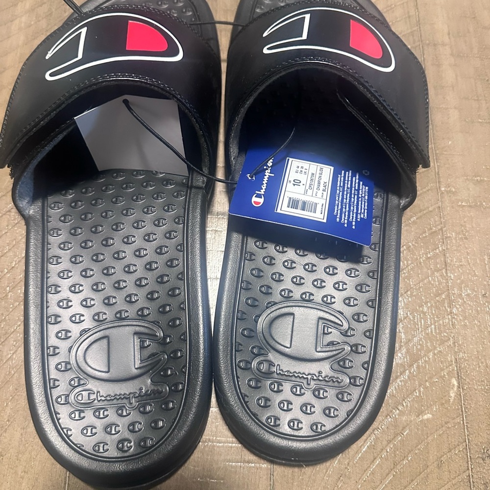 Men’s Champion Black Slide Sandals with Red Logo Accent NWT